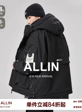 ALLIN 黑色连帽羽绒服男生冬季美式潮牌加厚保暖情侣工装休闲外套