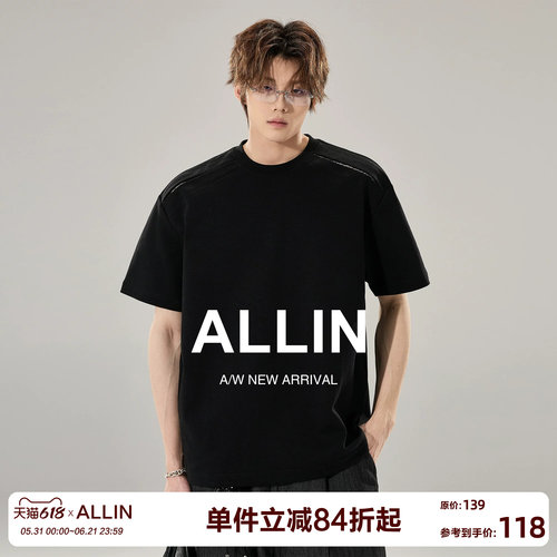 ALLIN 美式解构拼接短袖T恤男夏季圆领Boxy版型宽松休闲黑色上衣