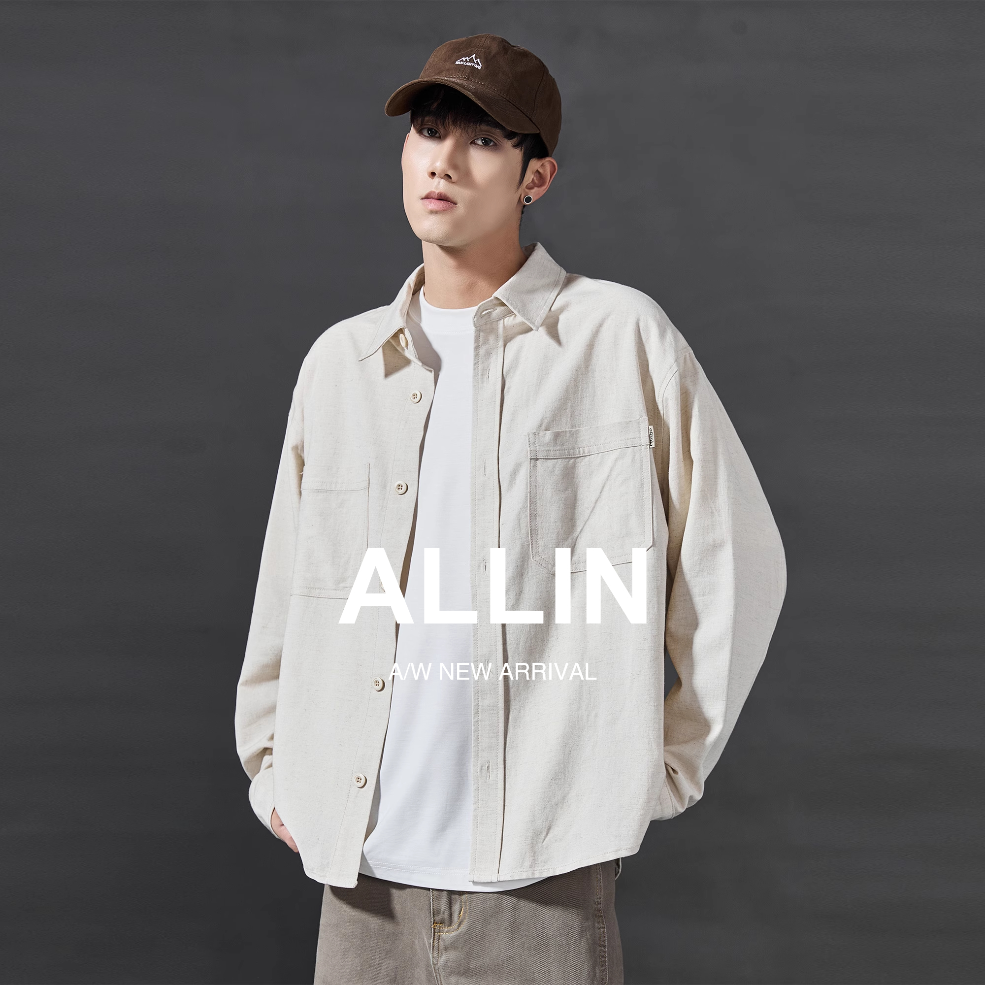 ALLIN 日系重磅长袖衬衫男2025春秋新款翻领廓形宽松休闲衬衣外套