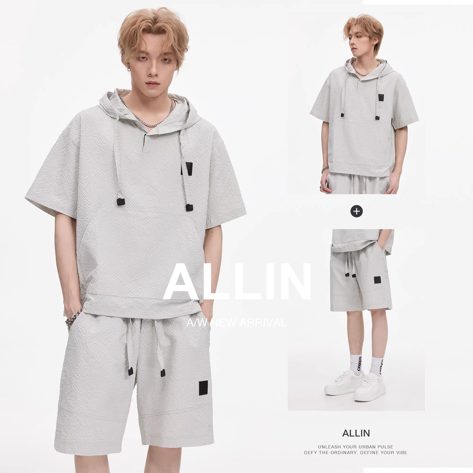 ALLIN 潮牌休闲短袖短裤两件套男生夏季薄款透气情侣酷帅穿搭套