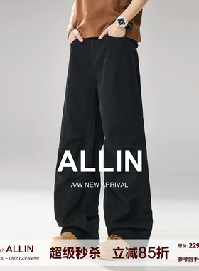 ALLIN 纯棉黑色褶皱弯刀牛仔裤男士夏季宽松直筒A字裤子阔腿长裤