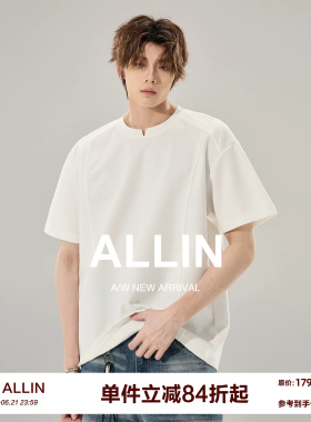 ALLIN 白色曼巴棉短袖T恤男生夏季260g重磅小V领设计情侣潮牌上衣