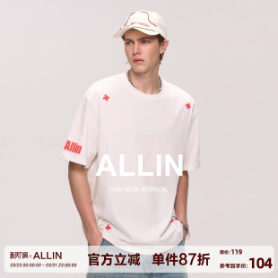 体恤情侣半袖 ALLIN 纯棉重磅美式 t恤男夏季 宽松上衣 潮牌白色短袖