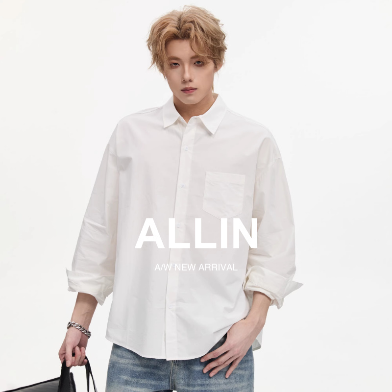 ALLIN 美式重磅纯棉白色长袖衬衫男秋季潮牌宽松休闲纯色衬衣外套