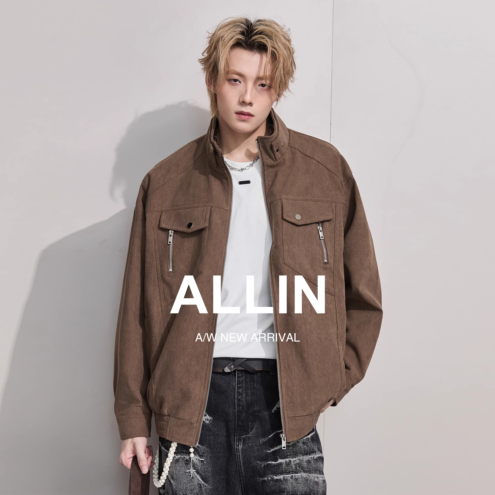 ALLIN 美式重磅夹克男生秋季情侣潮牌宽松底特律立领休闲大码外套