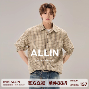 通勤衬衣复古格纹上衣 男春秋纯棉长袖 ALLIN 老钱风千鸟格格子衬衫