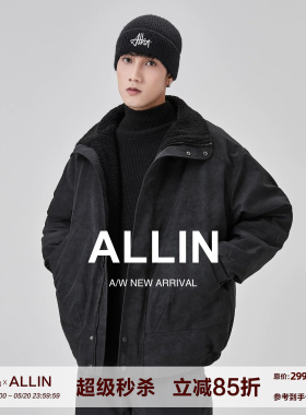 ALLIN 麂皮加绒加厚夹克男春秋潮牌宽松百搭翻领保暖情侣黑色外套