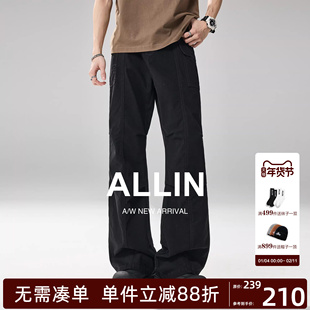 ALLIN 黑色拼接解构微喇牛仔裤男士春秋2021M版型阔腿休闲长裤子