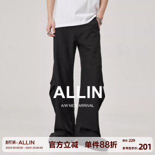 黑色休闲裤 潮牌垂感喇叭长裤 男春秋季 脚褶皱直筒阔腿裤 子 裤 ALLIN
