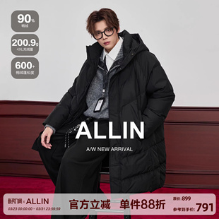 90白鸭绒宽松h型羽绒大衣外套 中长款 ALLIN 黑色连帽羽绒服男冬季