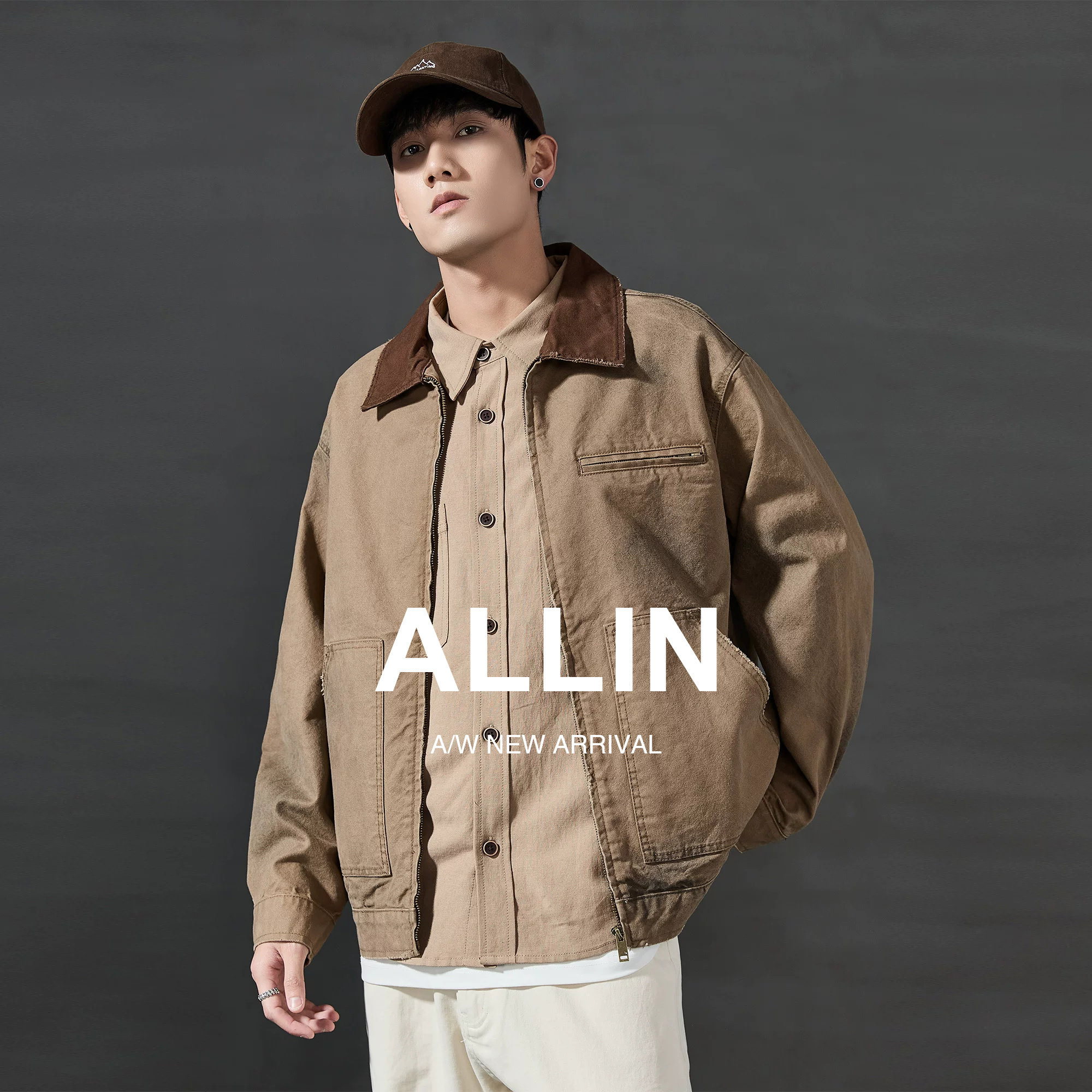 ALLIN 轻工装风卡其夹克男秋冬水洗做旧宽松落肩男士休闲夹克外套