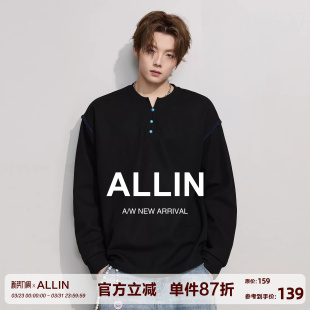 ALLIN 宽松情侣上衣外套 黑色重磅亨利领卫衣男春秋休闲潮牌落肩袖