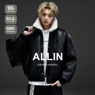 ALLIN 黑色可拆卸羊羔毛领皮衣羽绒服男秋冬季情侣机车皮夹克外套