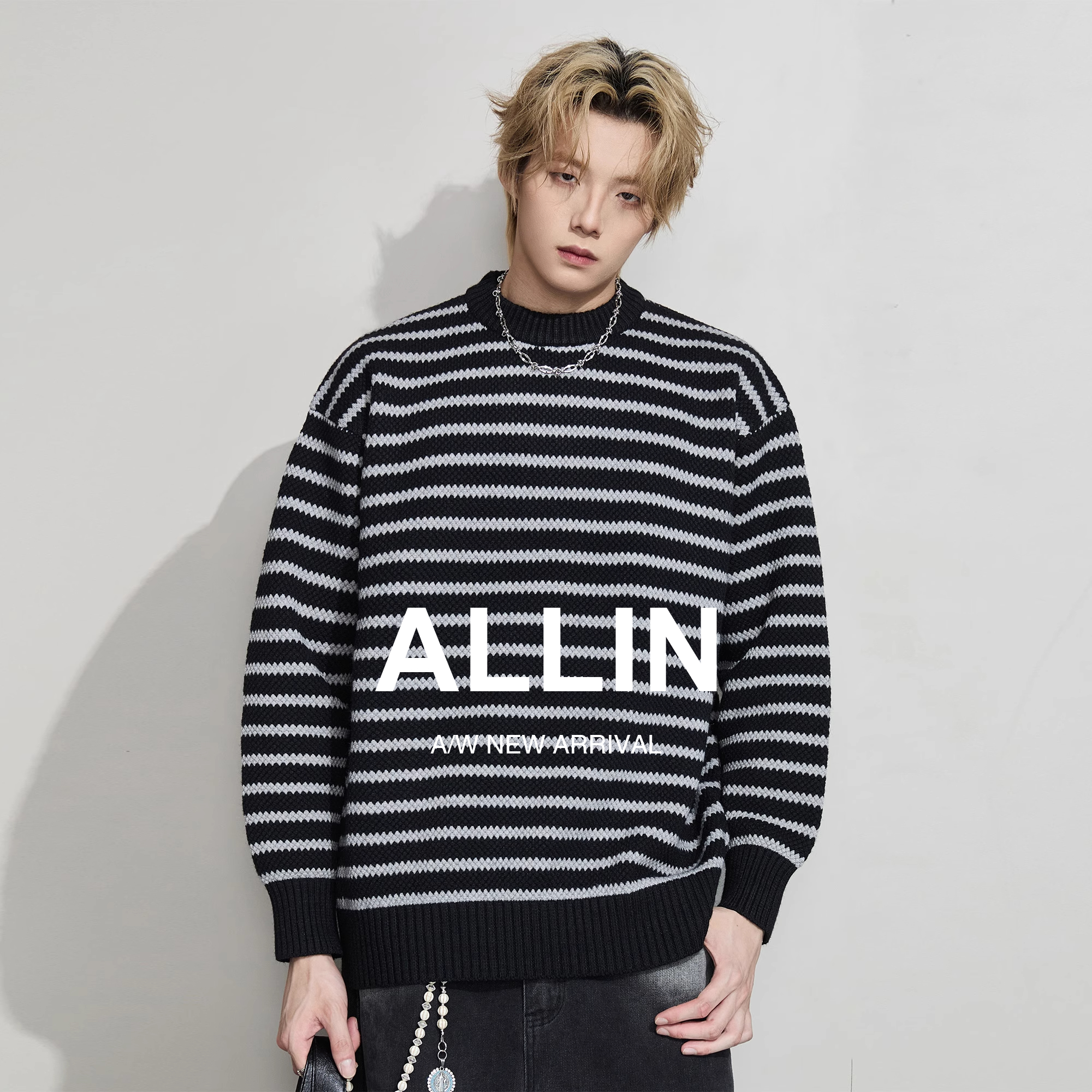 ALLIN 粗毛线条纹毛衣男秋冬美式潮牌拼接撞色情侣重磅针织衫外套