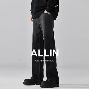 高街潮牌潮流阔腿裤 ALLIN 子美式 男垂感直筒宽松微喇裤 黑色牛仔裤