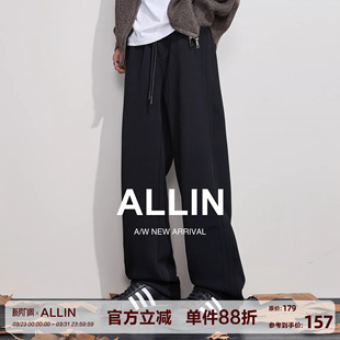 休闲百搭抽绳弯刀直筒阔腿长裤 ALLIN 春秋美式 男款 子 黑色重磅卫裤