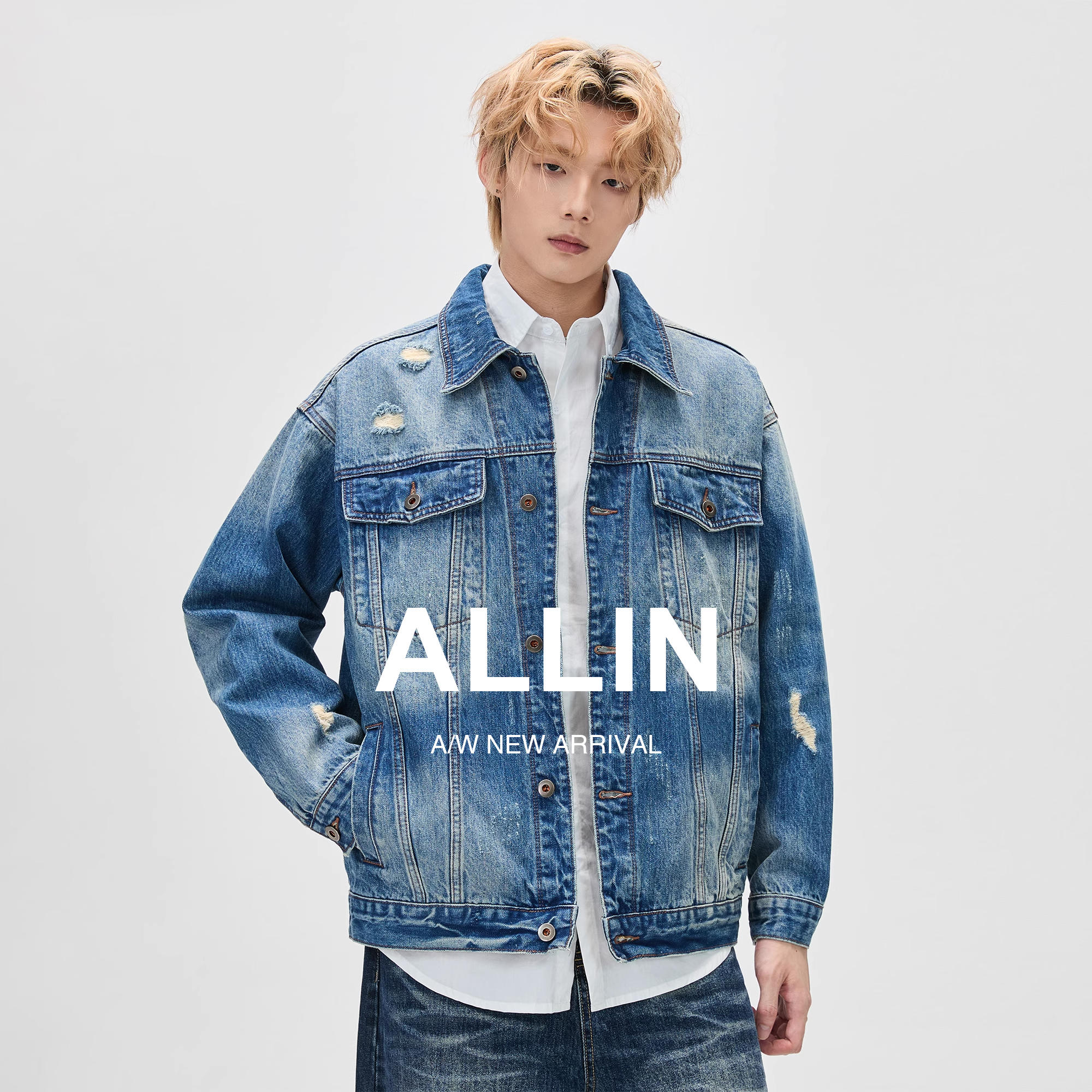 ALLIN 美式水洗做旧牛仔衣外套男秋冬潮牌复古破洞设计感休闲夹克