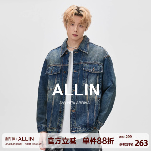 ALLIN 百搭情侣牛仔外套 复古做旧对称翻盖口袋牛仔夹克男春秋美式