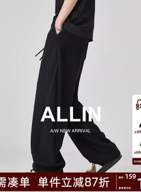 ALLIN 黑色美式裤子男秋冬宽松直筒卫裤高街运动休闲阔腿垂感长裤