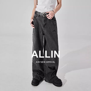 高街vibe痞帅直筒阔腿长裤 ALLIN水洗黑排扣设计baggy牛仔裤 男美式