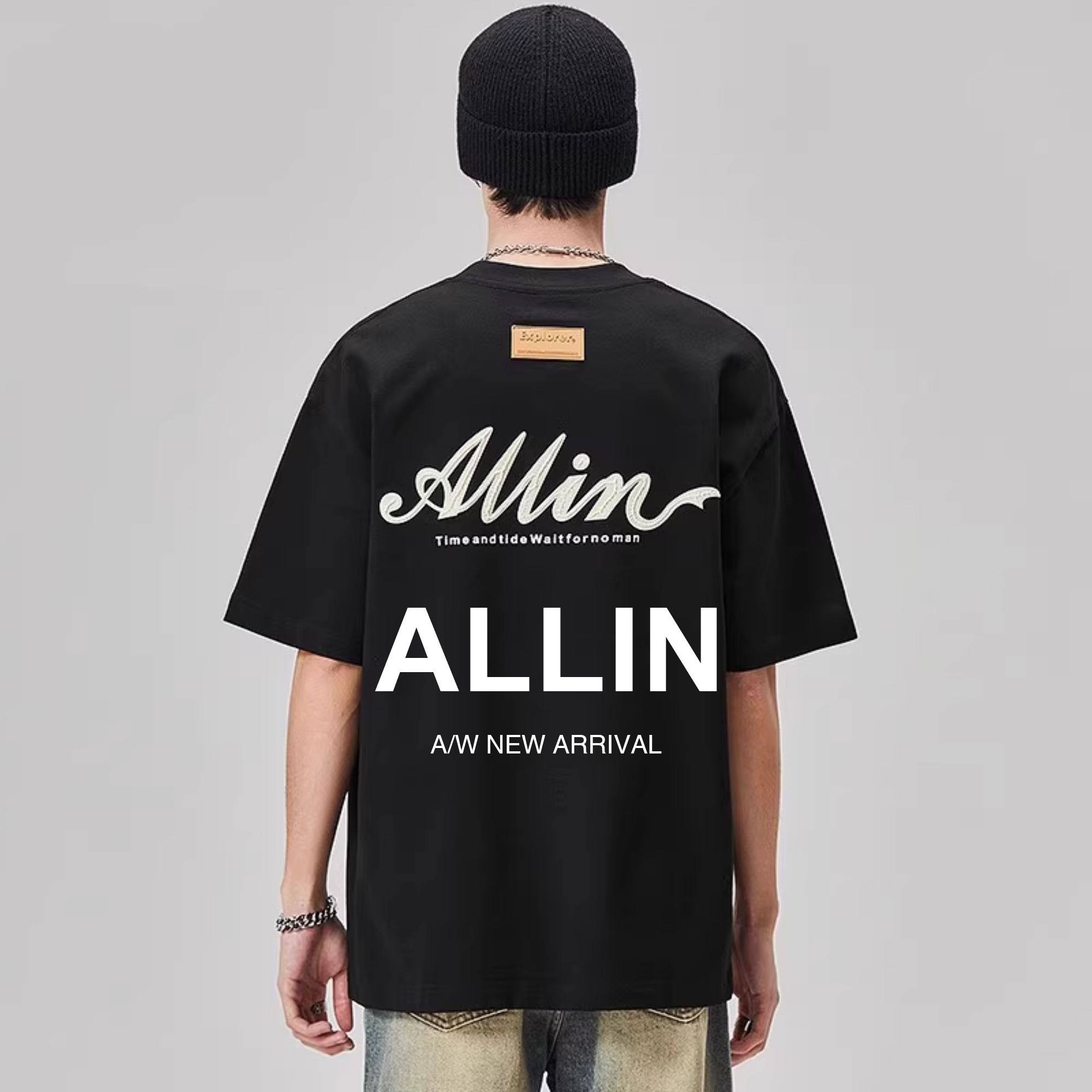 ALLIN 黑色短袖t恤男夏季重磅纯棉字母立体印花潮牌半袖情侣上