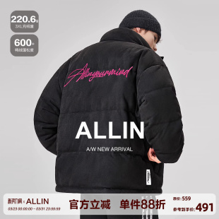 潮牌短款 冬季 字母刺绣加厚保暖情侣外套 黑色立领羽绒服男款 ALLIN