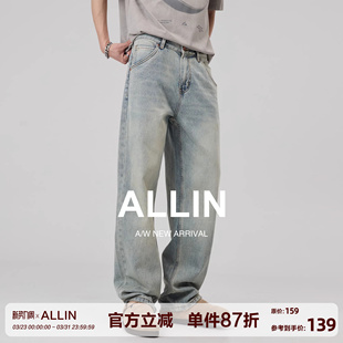 男春秋宽松直筒水洗垂感潮牌休闲阔腿裤 复古蓝牛仔裤 子 美式 ALLIN