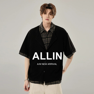 ALLIN 假两件老钱风短袖衬衫男夏季透气针织开衫格子翻领拼接衬衣