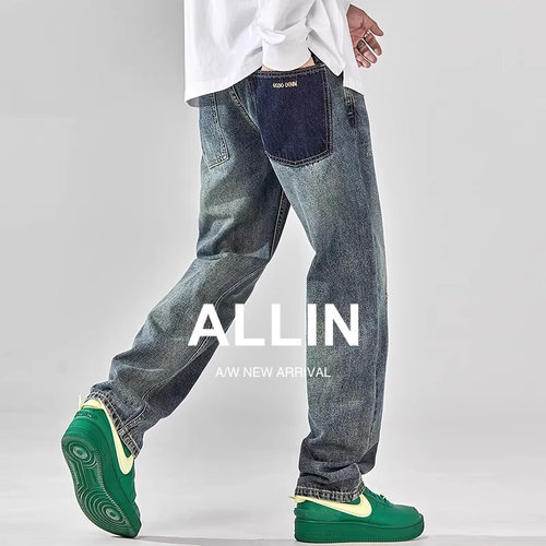 ALLIN美式高街宽松直筒牛仔裤