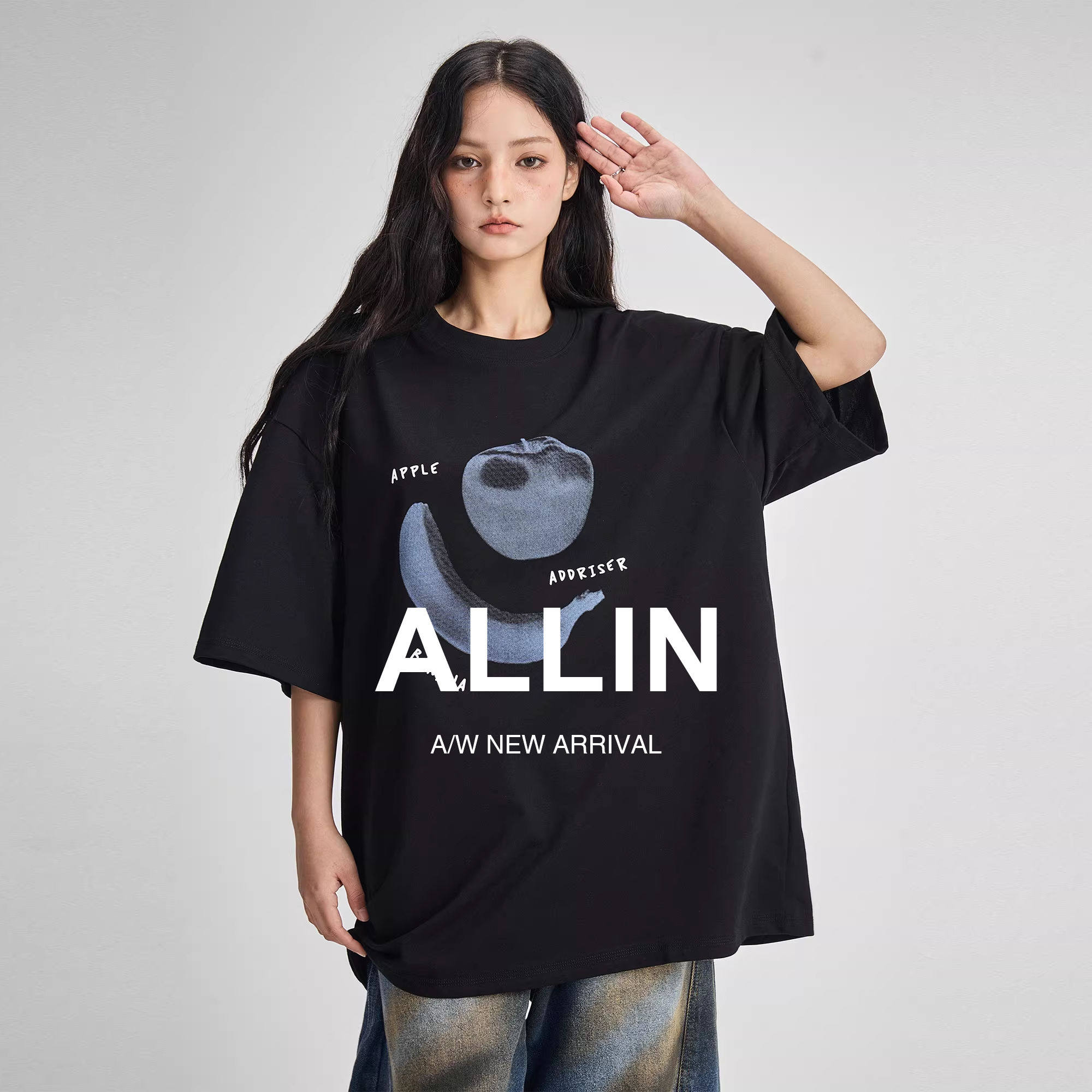ALLIN 黑色短袖t恤男女同款夏季纯棉重磅潮牌印花半袖情侣装上