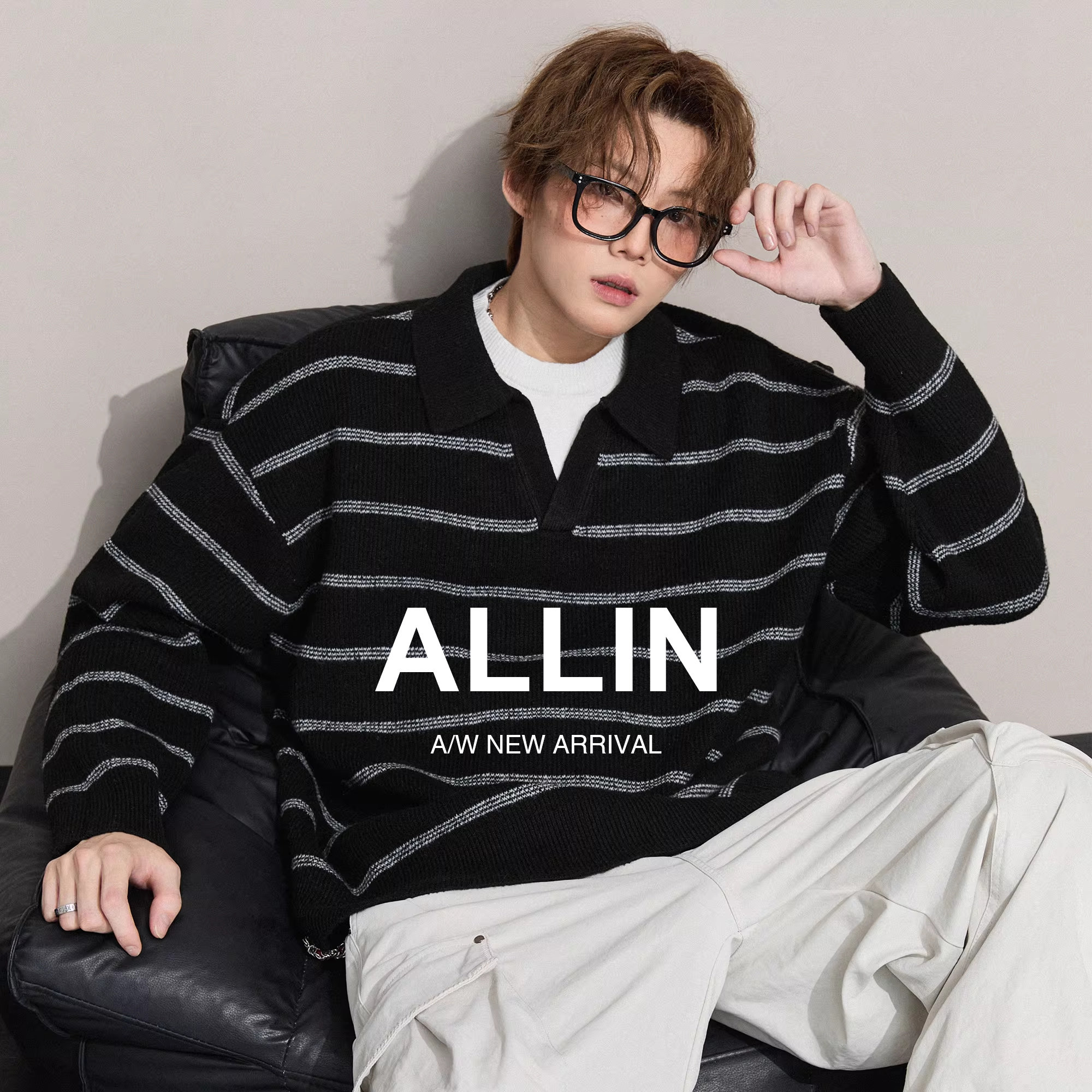 ALLIN 含羊毛条纹假两件毛衣男秋冬情侣慵懒风POLO翻领保暖针织衫