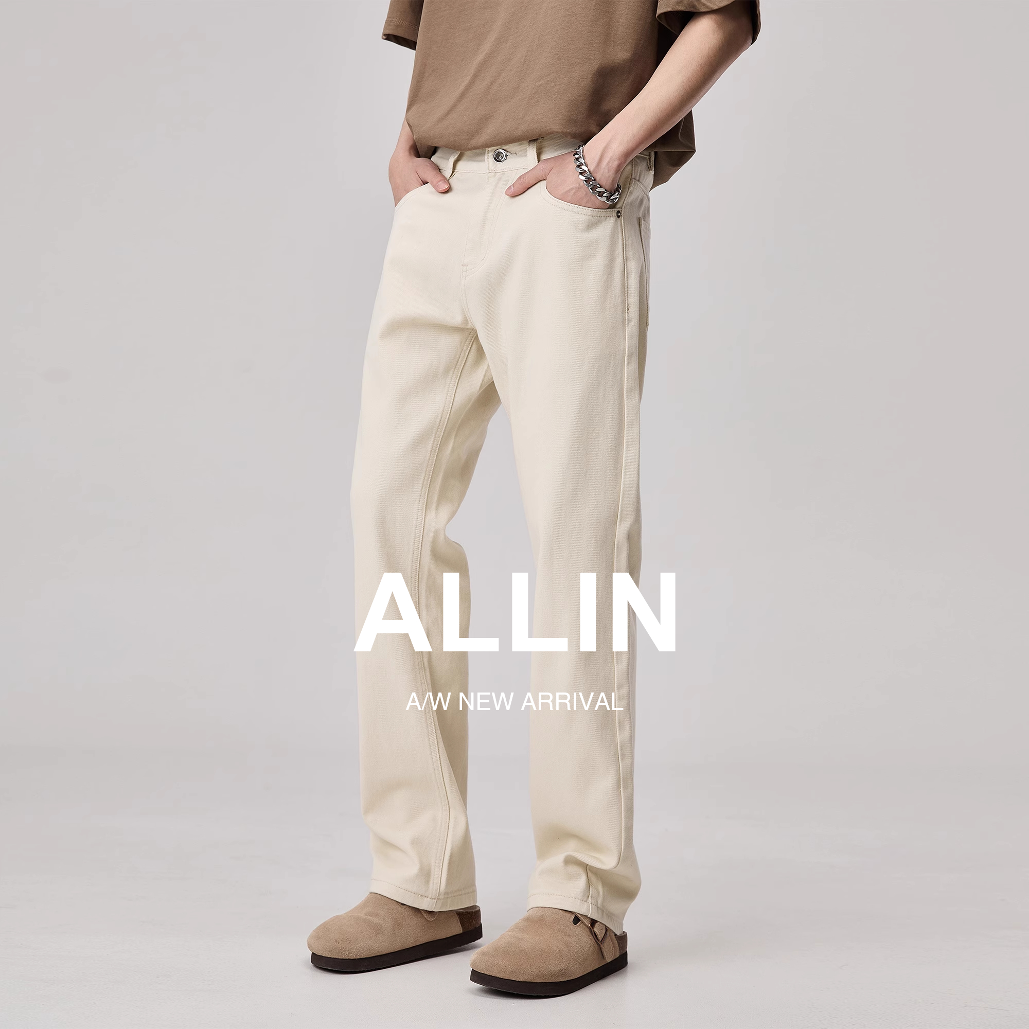 ALLIN 高级感直筒杏色牛仔裤男潮流百搭坠感长裤休闲复古美式裤子