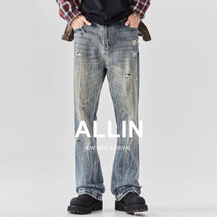 直筒微喇长裤 ALLIN 男秋冬复古高街纹理高级修身 破洞牛仔裤 子 美式