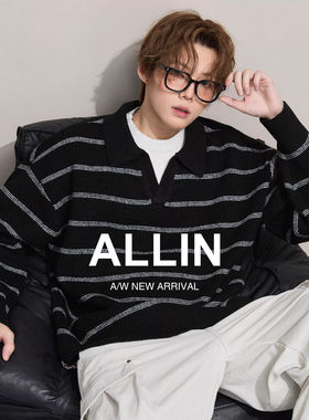 ALLIN 含羊毛条纹假两件毛衣男秋冬情侣慵懒风POLO翻领保暖针织衫