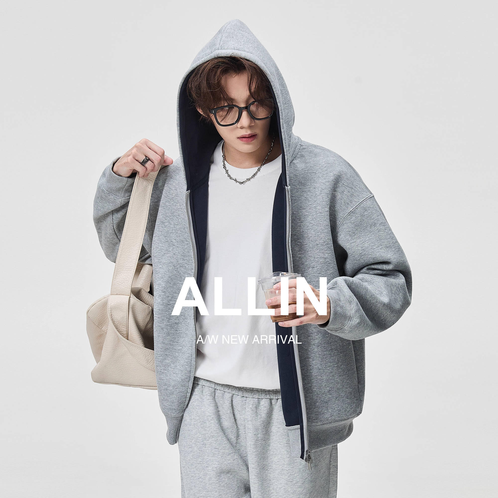 ALLIN 重磅连帽开衫卫衣男秋冬季潮牌双拉链撞色休闲运动情侣外套