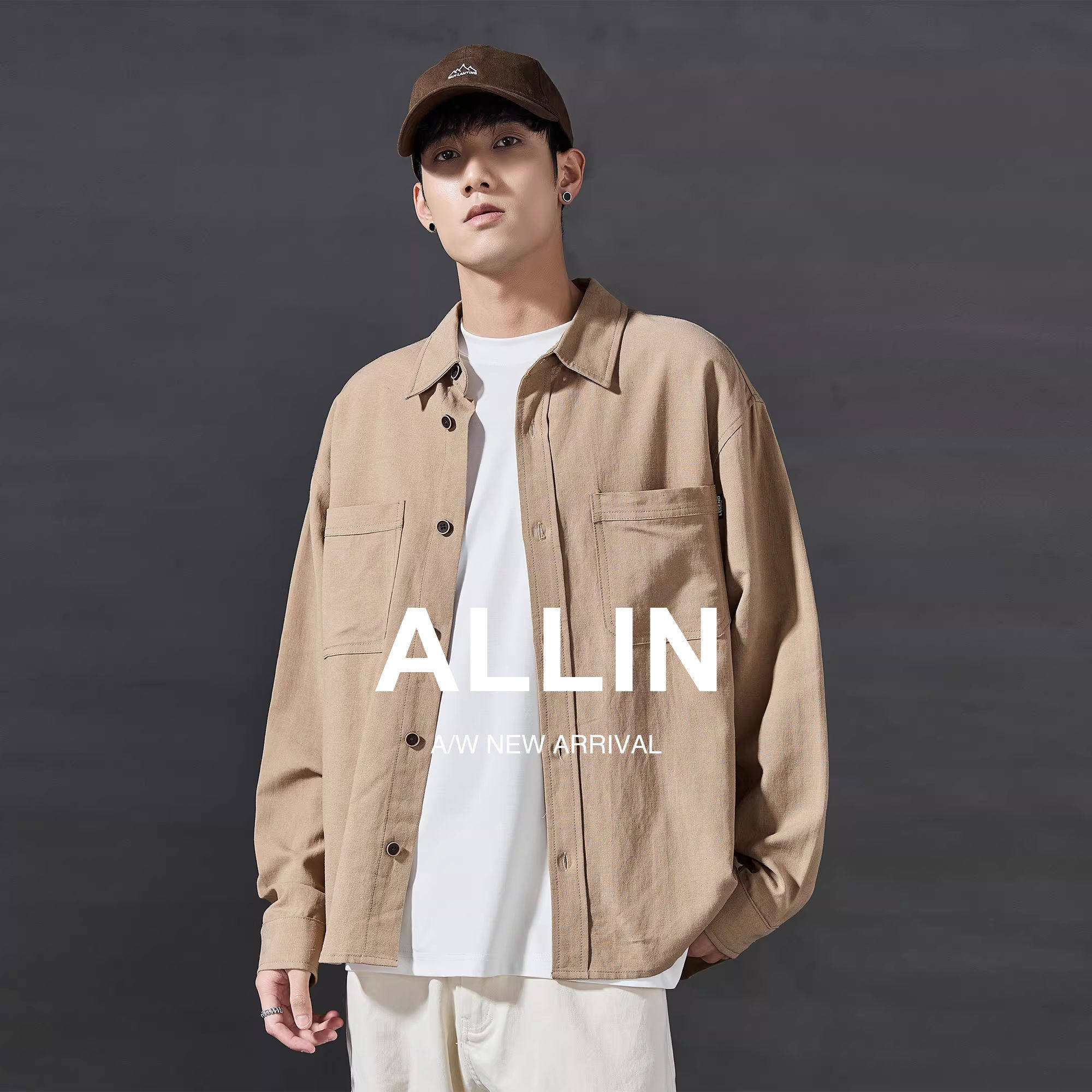 ALLIN工装亚麻衬衫男秋冬新款cityboy大口袋翻领宽松休闲