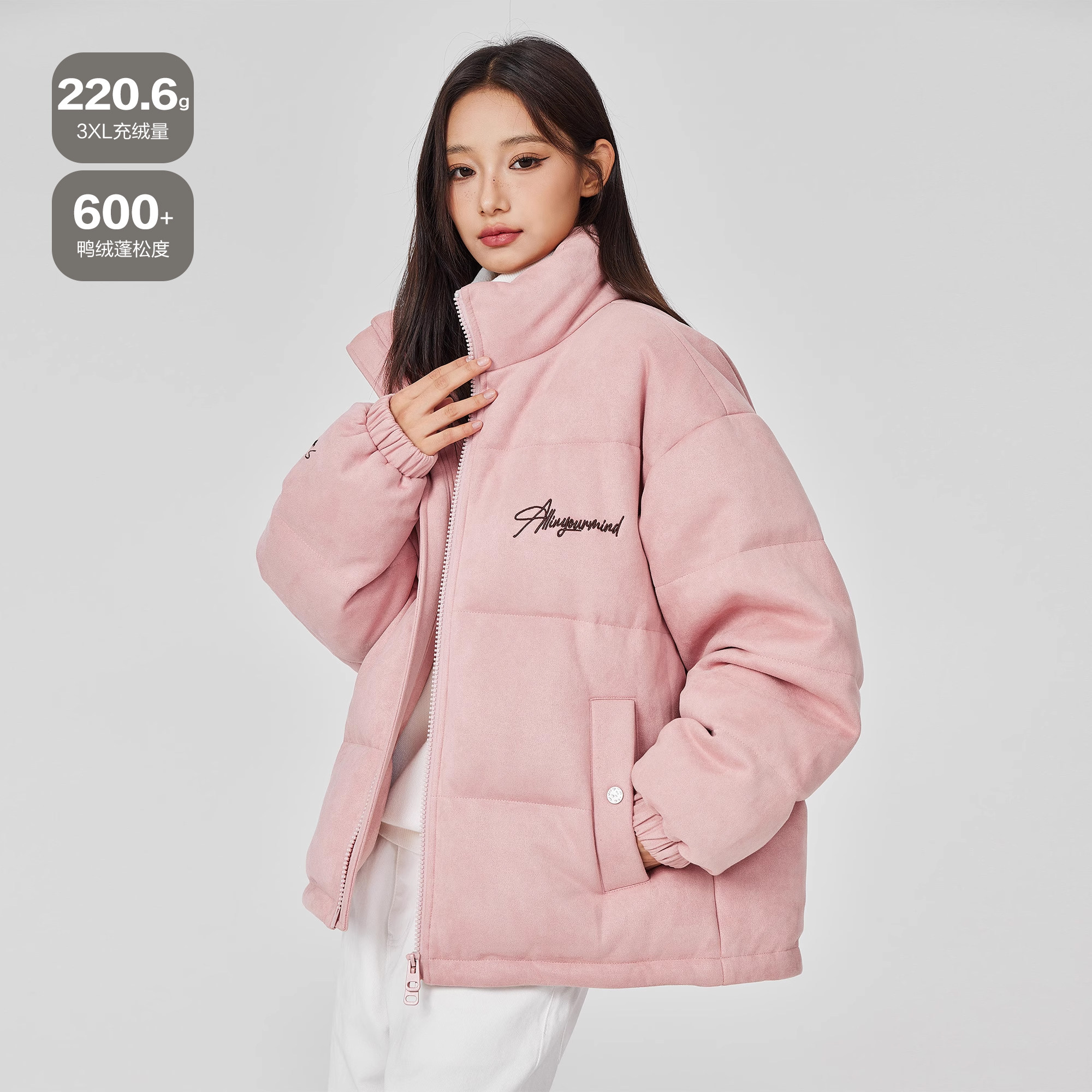 ALLIN 立领刺绣羽绒服男女款冬季鸭绒加厚保暖防寒服情侣短款外套