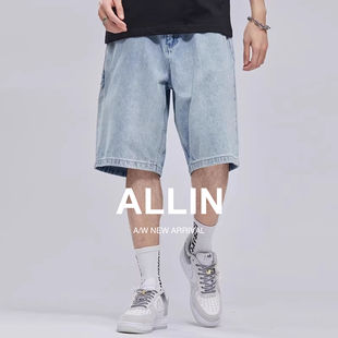 男士 高街浅蓝色牛仔短裤 夏季 薄款 子 ALLIN 潮牌直筒宽松五分裤 美式