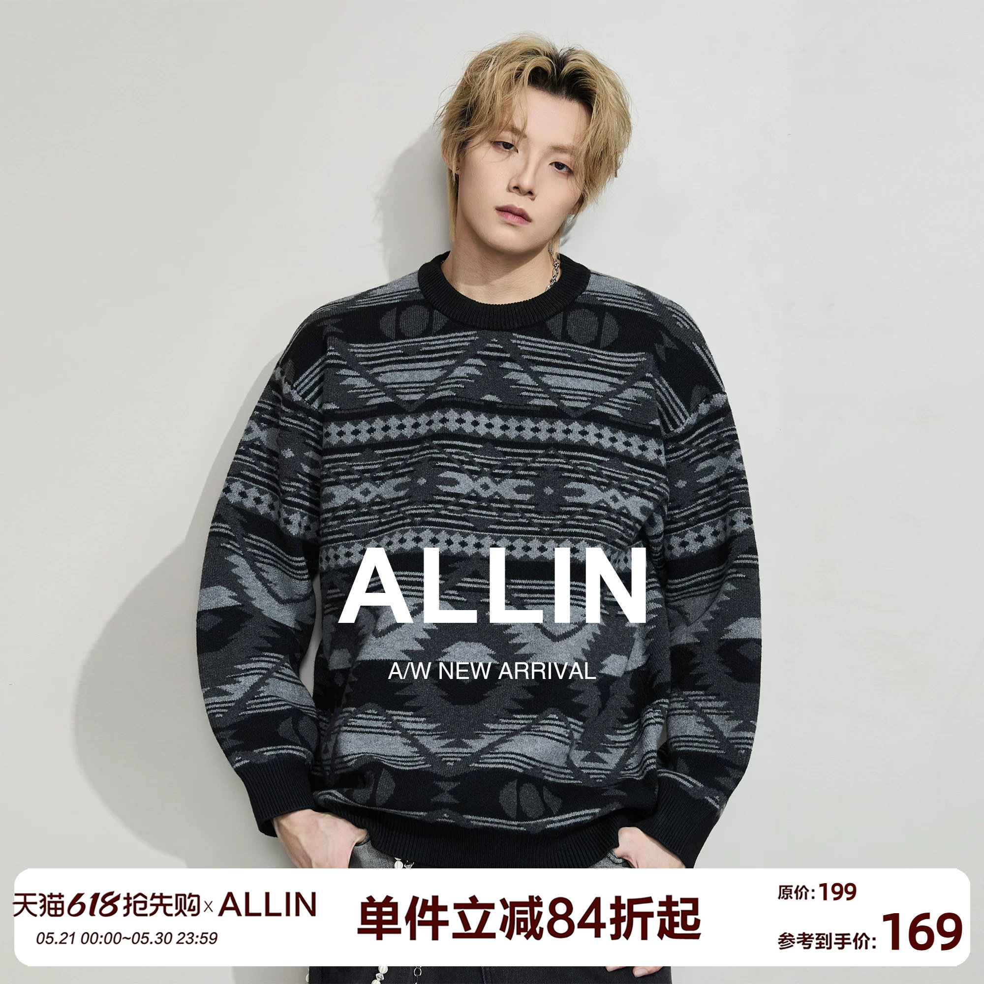 ALLIN cleanfit费尔岛圆领毛衣男春秋美式复古慵懒情侣
