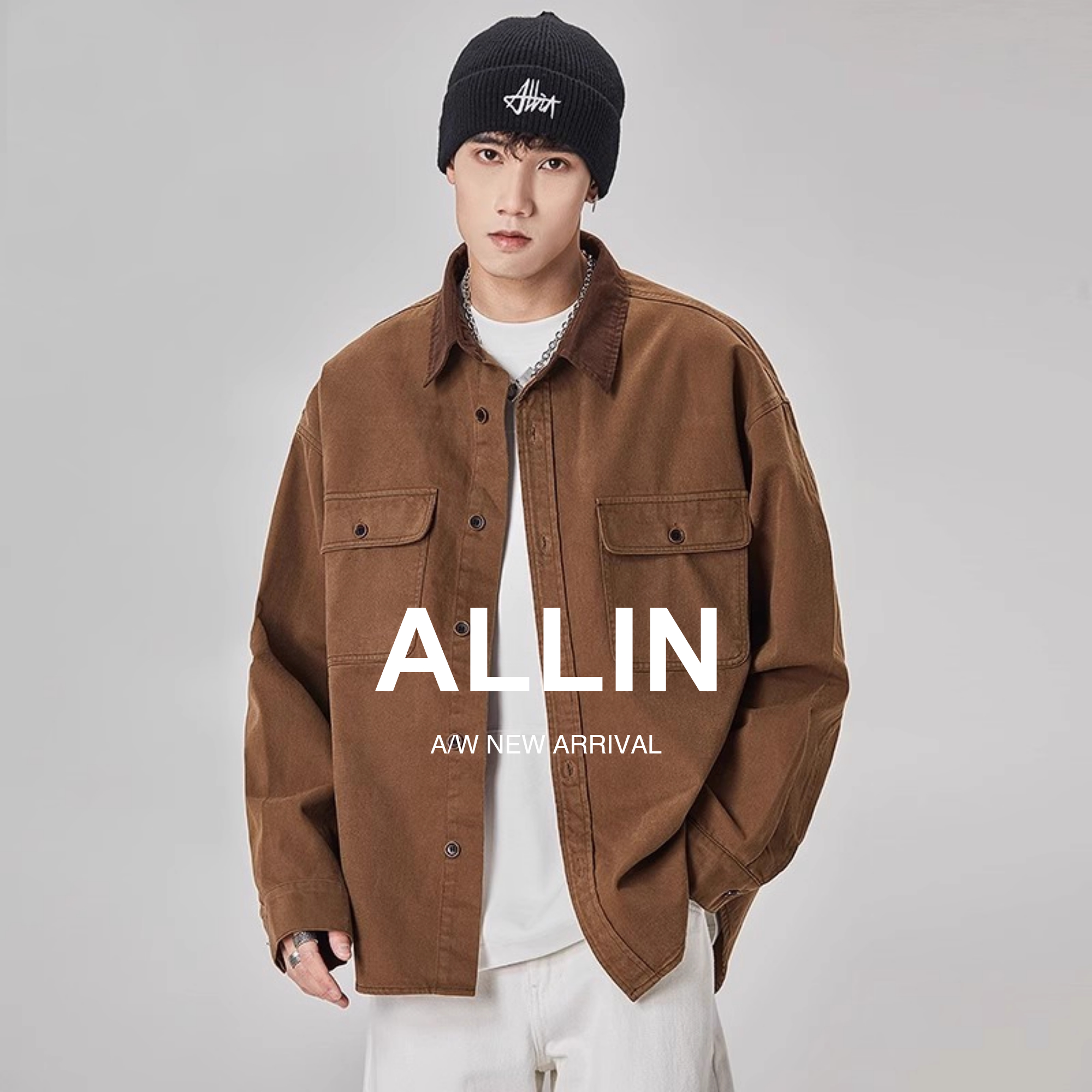 ALLIN拼色翻领休闲工装衬衫外套