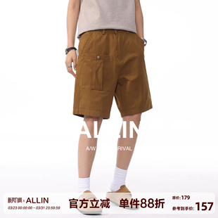 男夏季 复古纯色短裤 薄款 休闲直筒五分裤 子 ALLIN 潮牌休闲中裤 美式