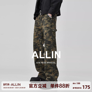 男春秋潮牌高街直筒休闲宽松长裤 ALLIN 牛仔裤 复古迷彩工装 子 美式