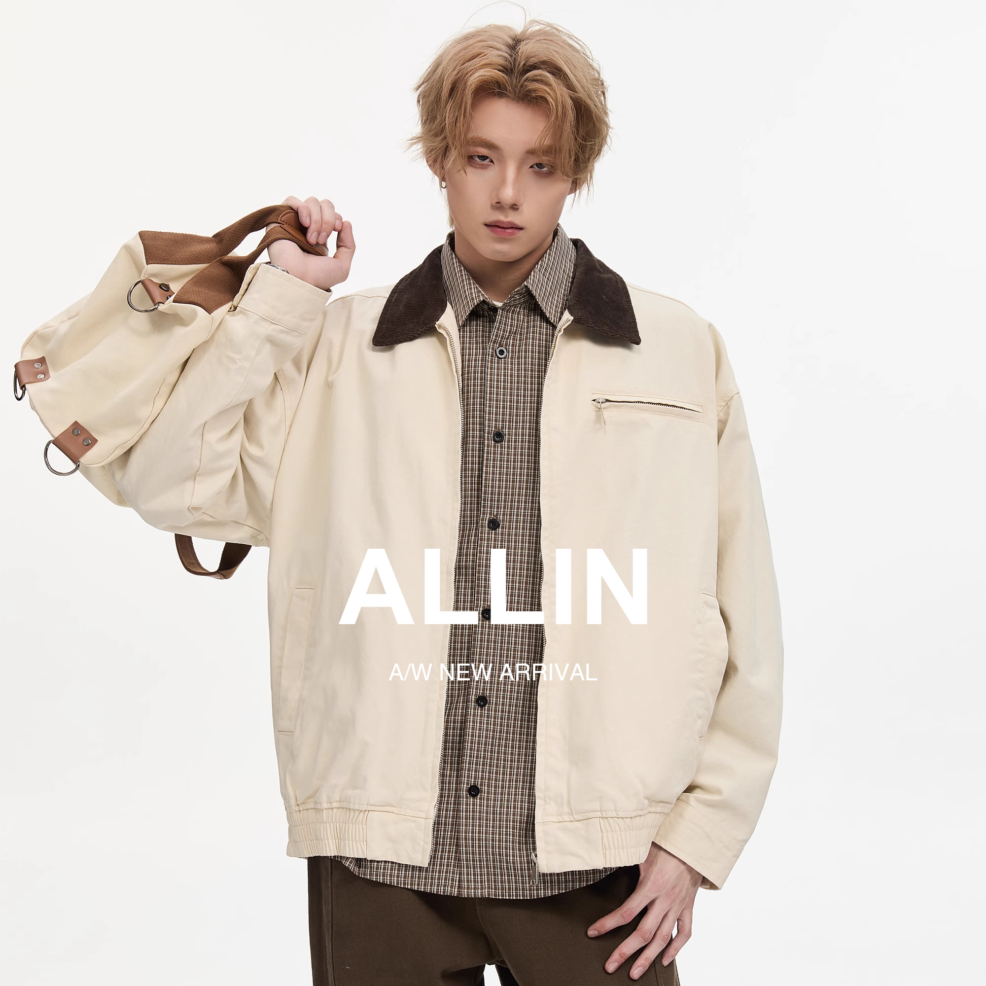 ALLIN 翻领夹克男秋季潮流宽松休闲美式复古拉链工装长袖情侣外套