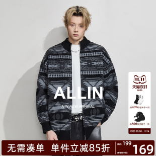 复古半高领撞色情侣毛衣 外套男秋冬美式 ALLIN 费尔岛重磅针织开衫