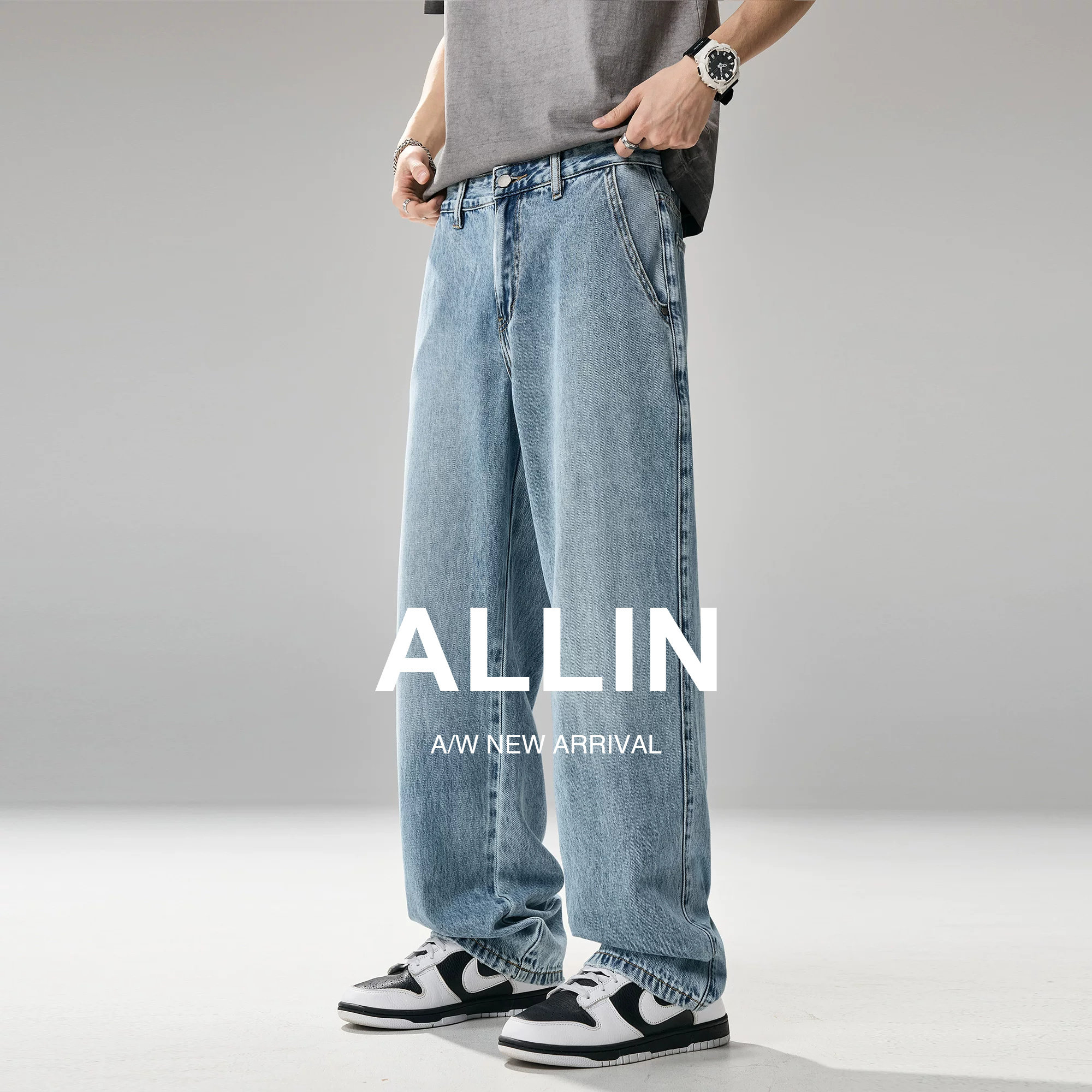 ALLIN 莱赛尔浅蓝色牛仔裤男夏季美式复古水洗宽松直筒阔腿长裤子