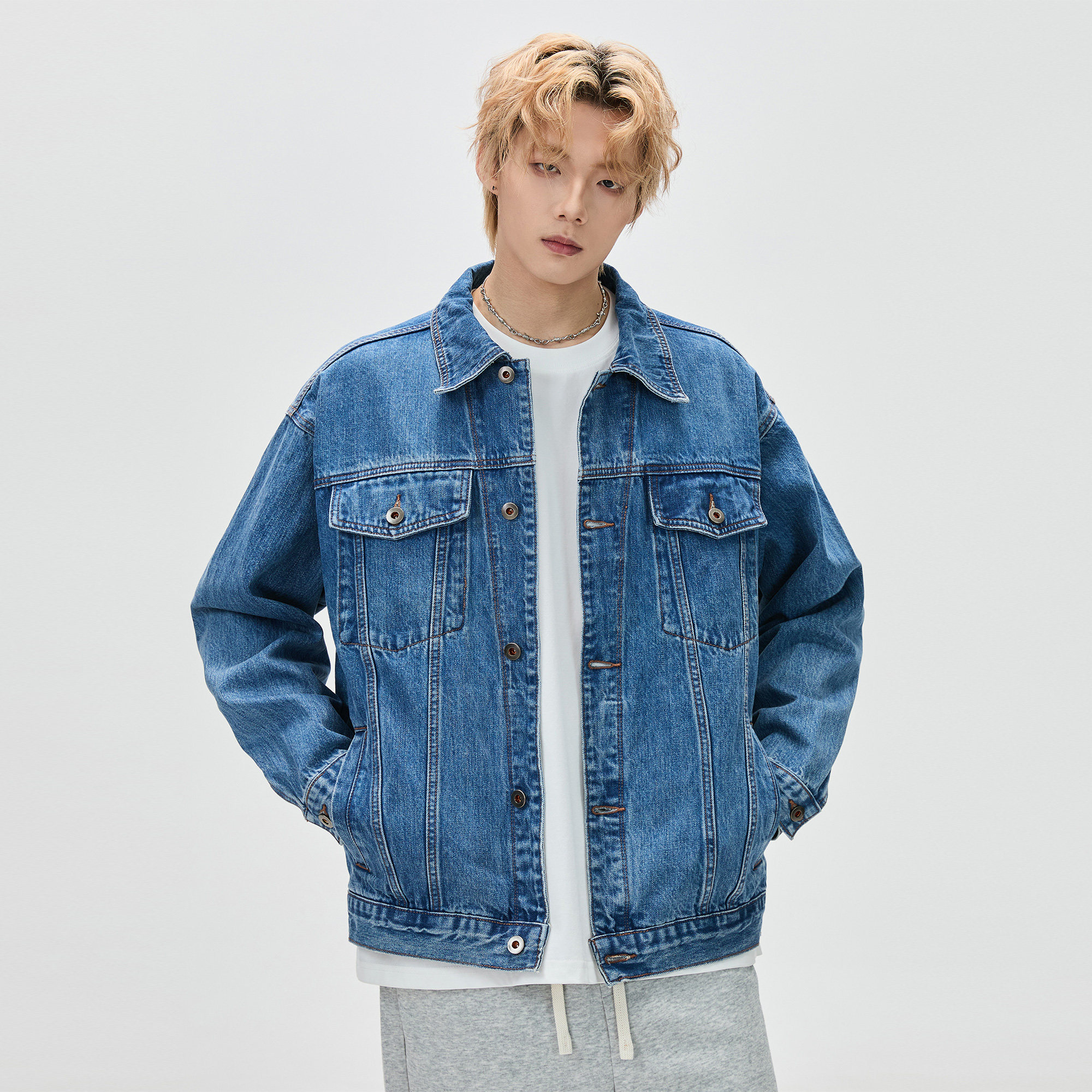 ALLIN 纯棉牛仔外套男春秋季潮牌宽松cleanfit翻领牛仔衣情侣夹克