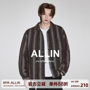 男春秋美式 衬衫 复古条纹衬衣提花通勤外套 老钱风雪尼尔长袖 ALLIN