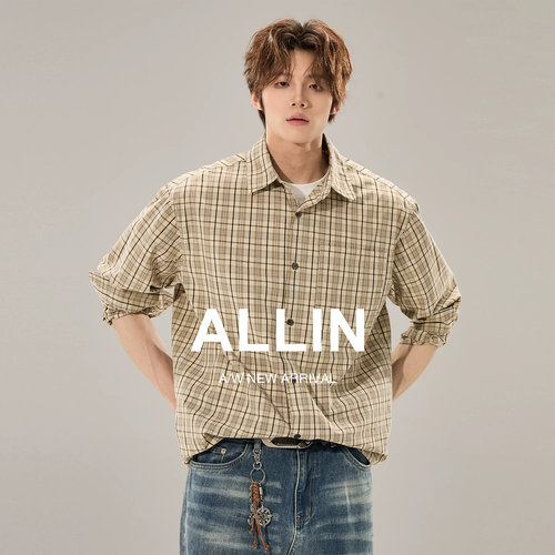 ALLIN 老钱风千鸟格格子衬衫男春秋纯棉长袖通勤衬衣复古格纹上衣
