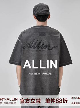 ALLIN 重磅做旧纯棉短袖t恤男夏季美式字母印花宽松半袖潮牌上衣