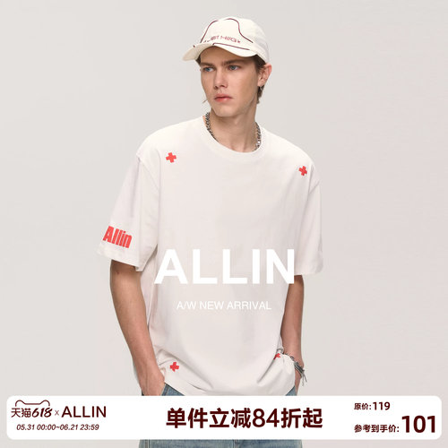 ALLIN 潮牌白色短袖t恤男夏季纯棉重磅美式体恤情侣半袖宽松上衣